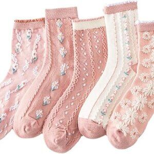 5 Pair Pink Embroidered Floral Socks for Women Combed Cotton Crew Socks